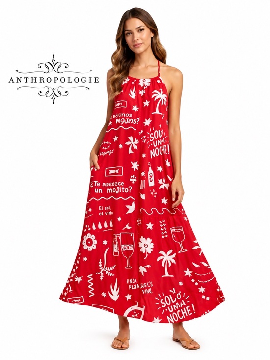 Anthropologie Dresses & Skirts - ANTHROPOLOGIE Paper Heart Red Resort Print Maxi Dress, Size Large